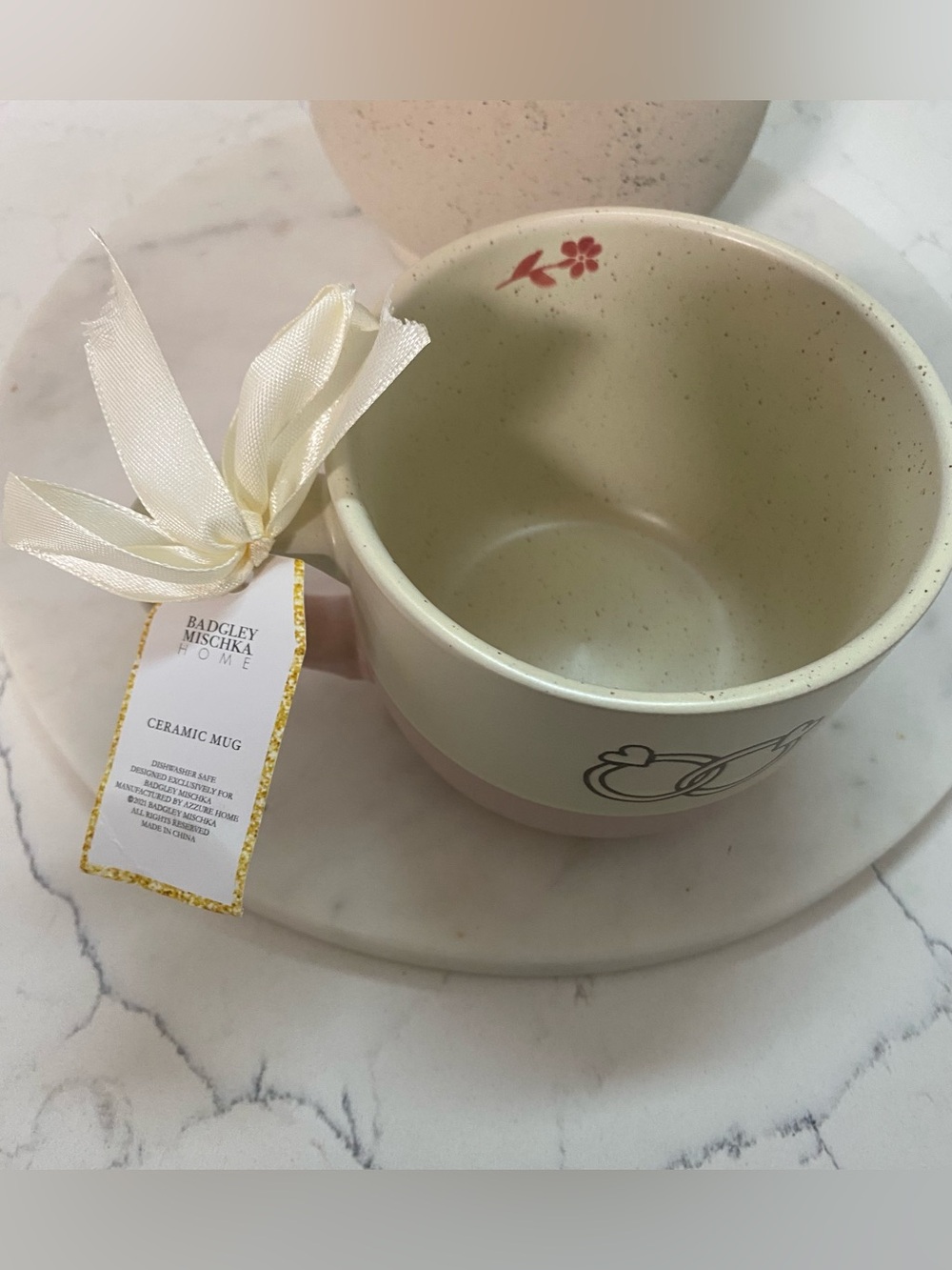 Badgley Mischka Cream and Pink Ceramic Mug Pair with Intertwined Ring Motif - Picture 2 of 5